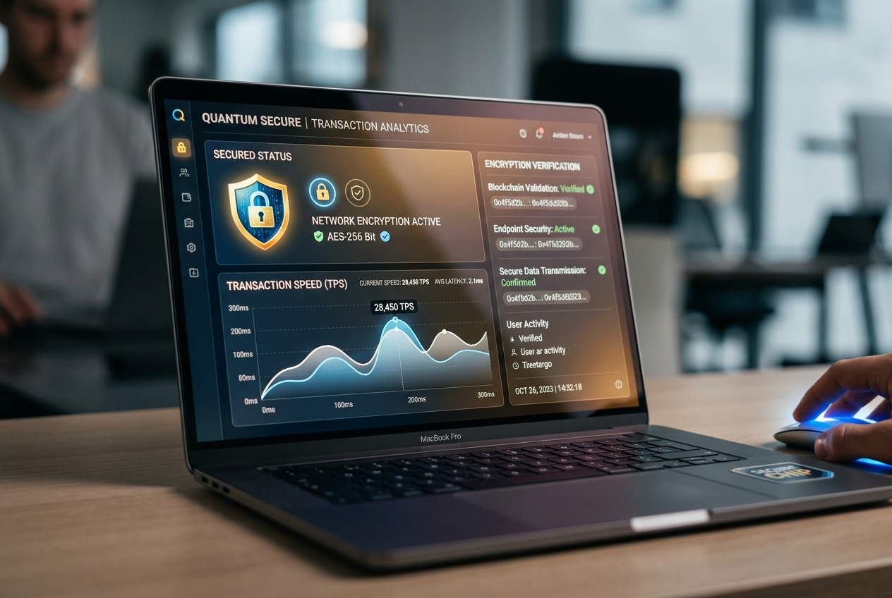 Close-up of a laptop screen showing digital security icons and encryption data.