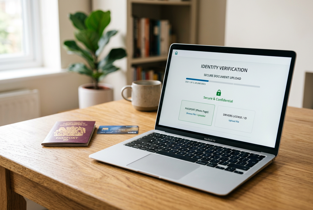 A digital representation of identity verification with a passport and secure lock icon.