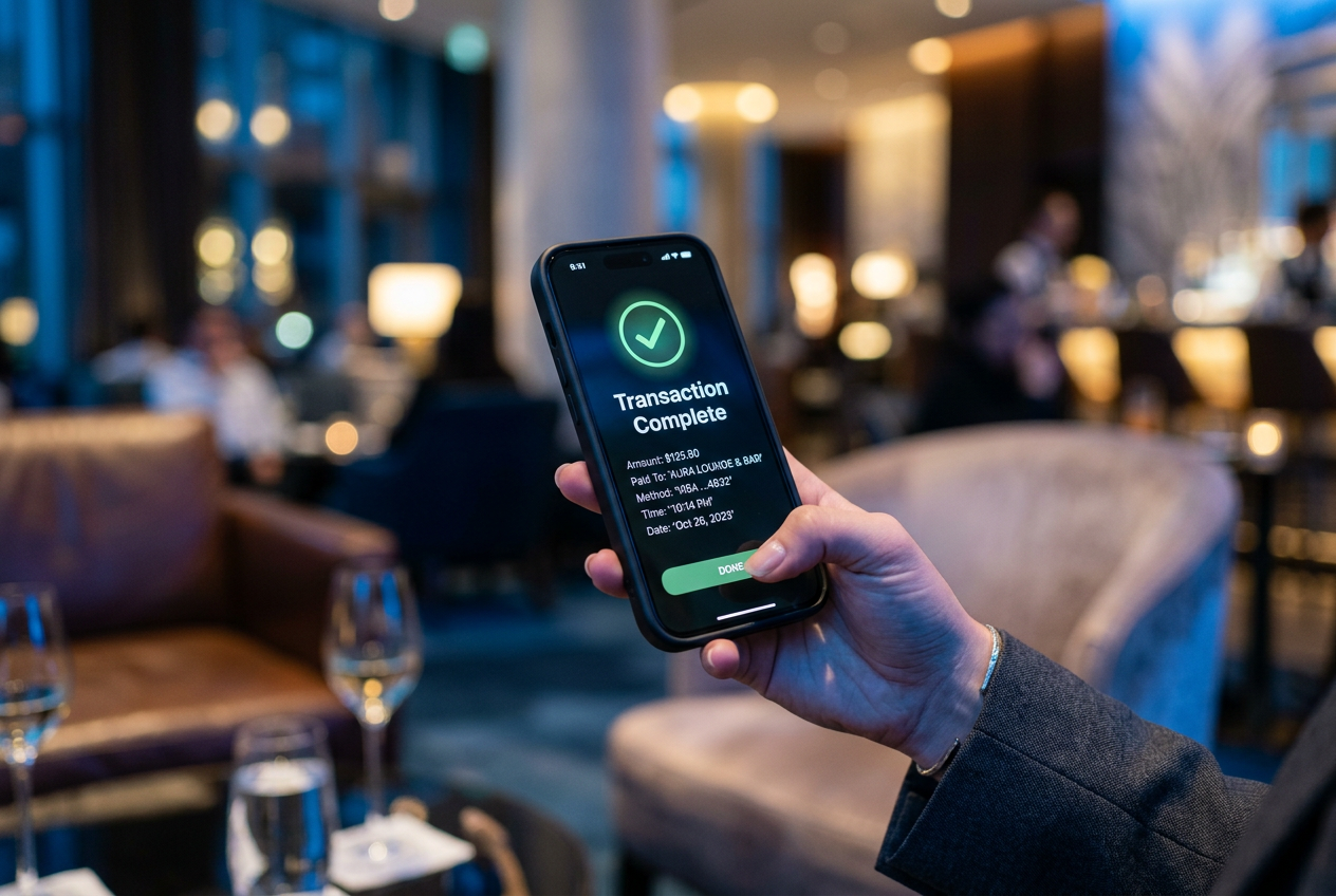 A smartphone displaying a successful withdrawal notification in a modern setting.