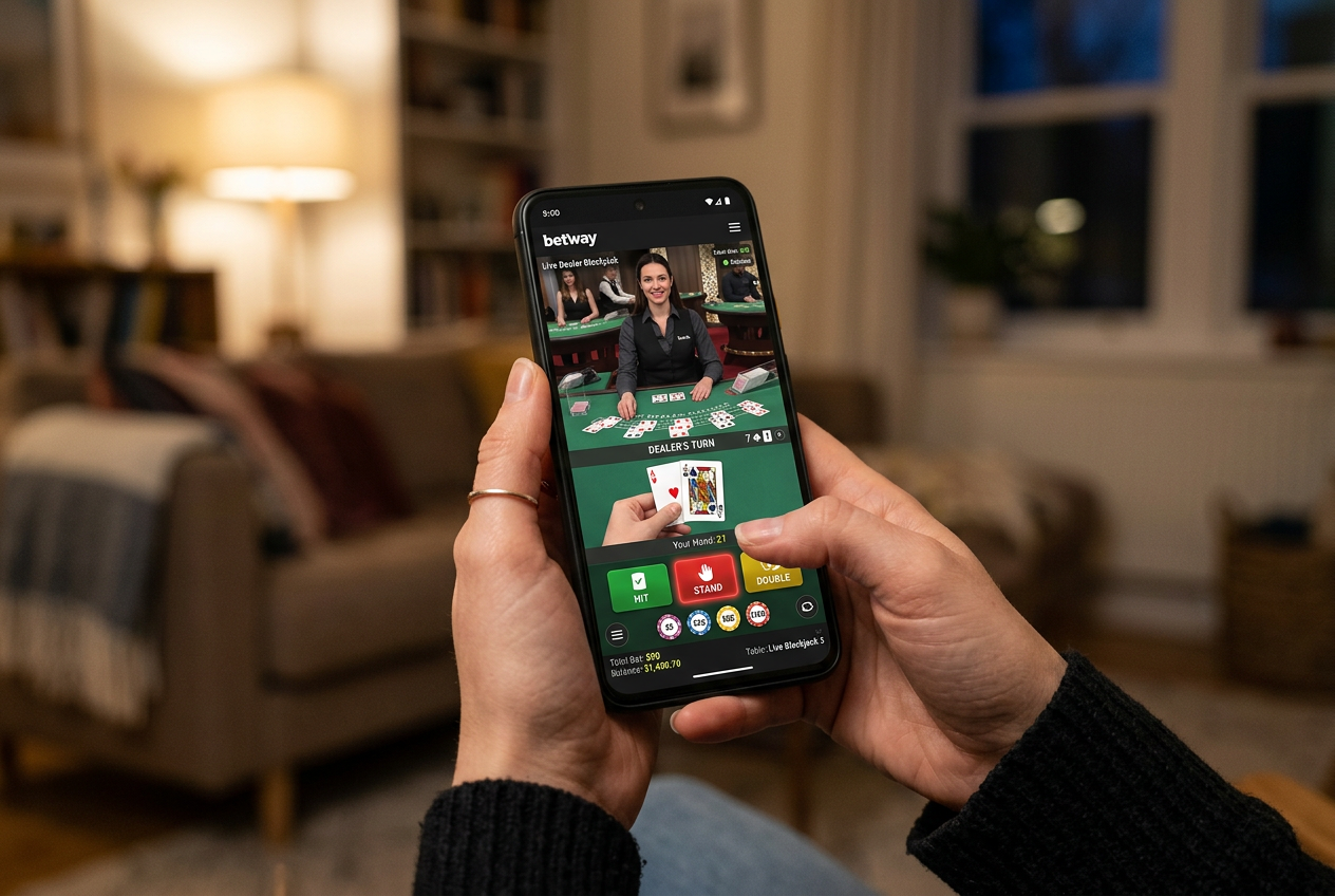 Χρήστης που παίζει σε ζωντανό καζίνο μέσω smartphone.